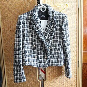 Zara Black And White Houndstooth Lined Blazer Jacket Size L Bloggers Fav NEW